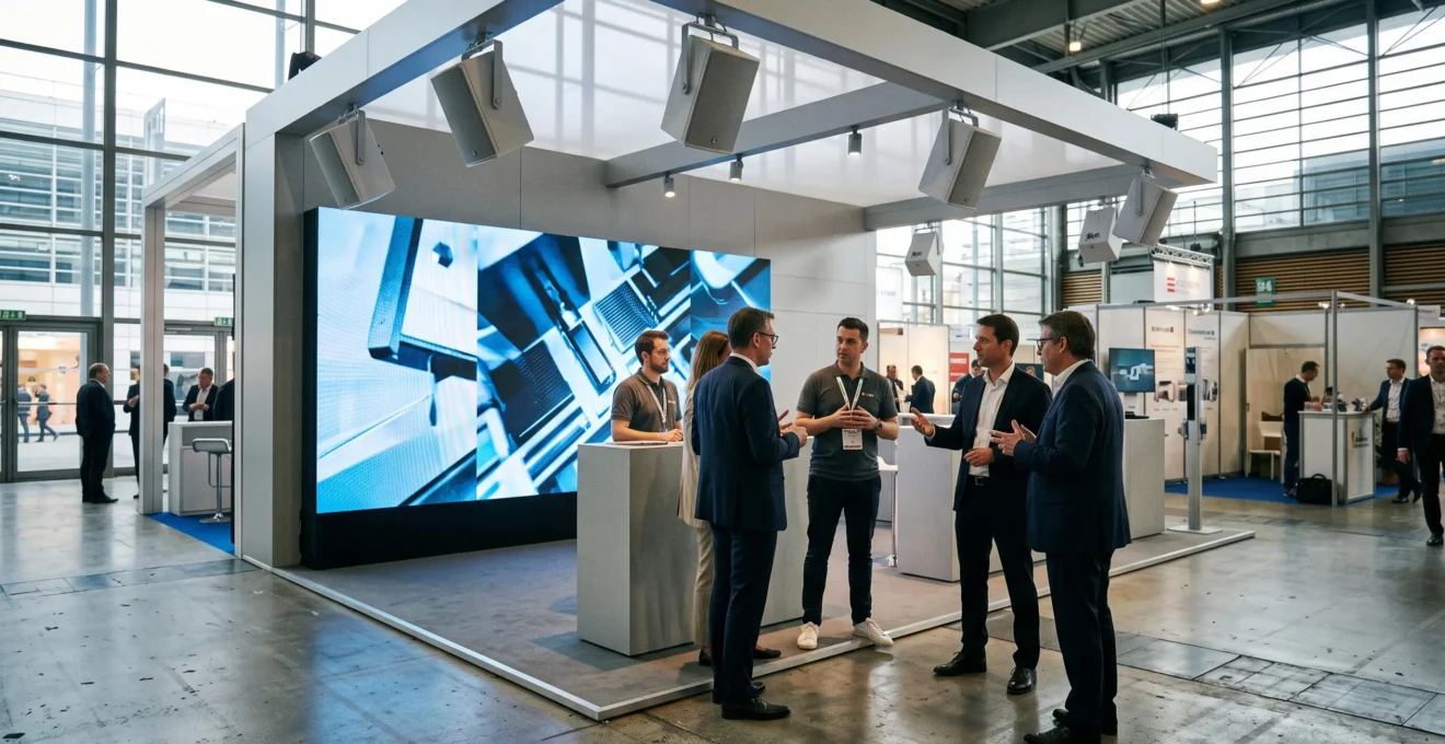 Stand d'exposition professionnel avec mur LED et système audio directionnel, visiteurs en interaction pendant un salon parisien