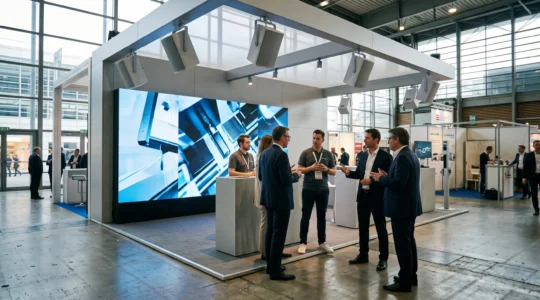 Stand d'exposition professionnel avec mur LED et système audio directionnel, visiteurs en interaction pendant un salon parisien