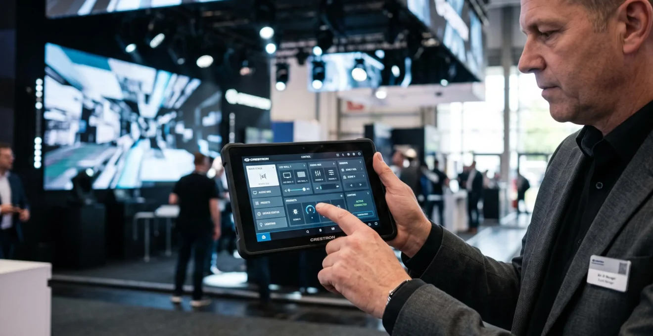 Tablette de contrôle centralisé synchronisant tous les éléments AV d'un stand d'exposition