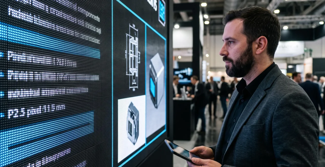 Visiteur observant de près la netteté d'un mur LED P2.5 sur stand d'exposition